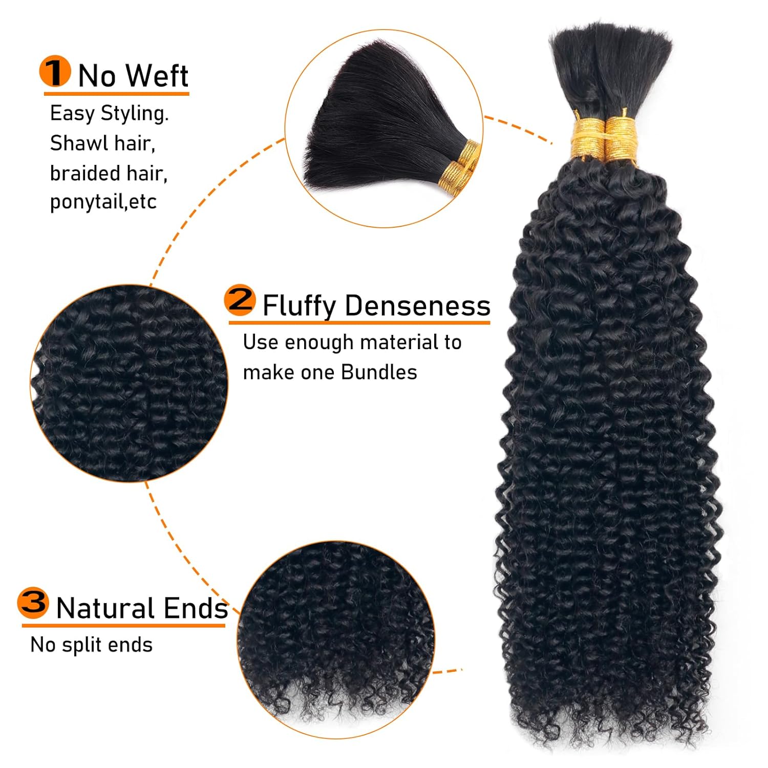 Extensiones de cabello humano ondulado rizado a granel para trenzar, sin trama, extensiones de cabello humano 100% sin procesar, extensiones de