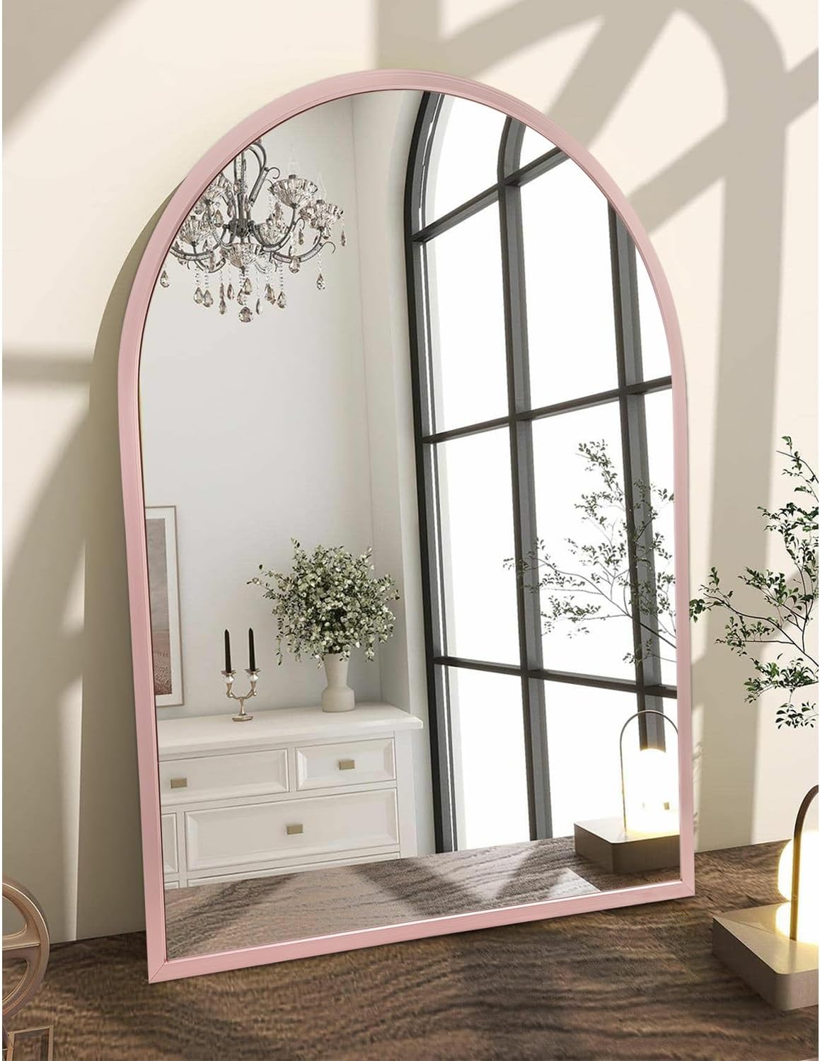 Espejo de pared de arco con marco de metal, espejo de pared para entrada, sala de estar, dormitorio, tocador, decoración de pared, oro rosa, 20 x 16