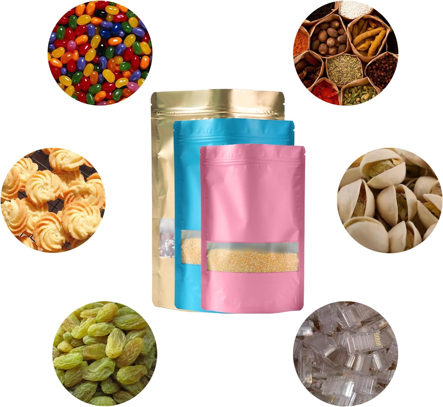 150 bolsas de almacenamiento de alimentos de pie con ventana, 4.7 x 7.8 pulgadas, rosa (50 unidades), 5.9 x 8.6 pulgadas, azul (50 unidades), 7.1 x