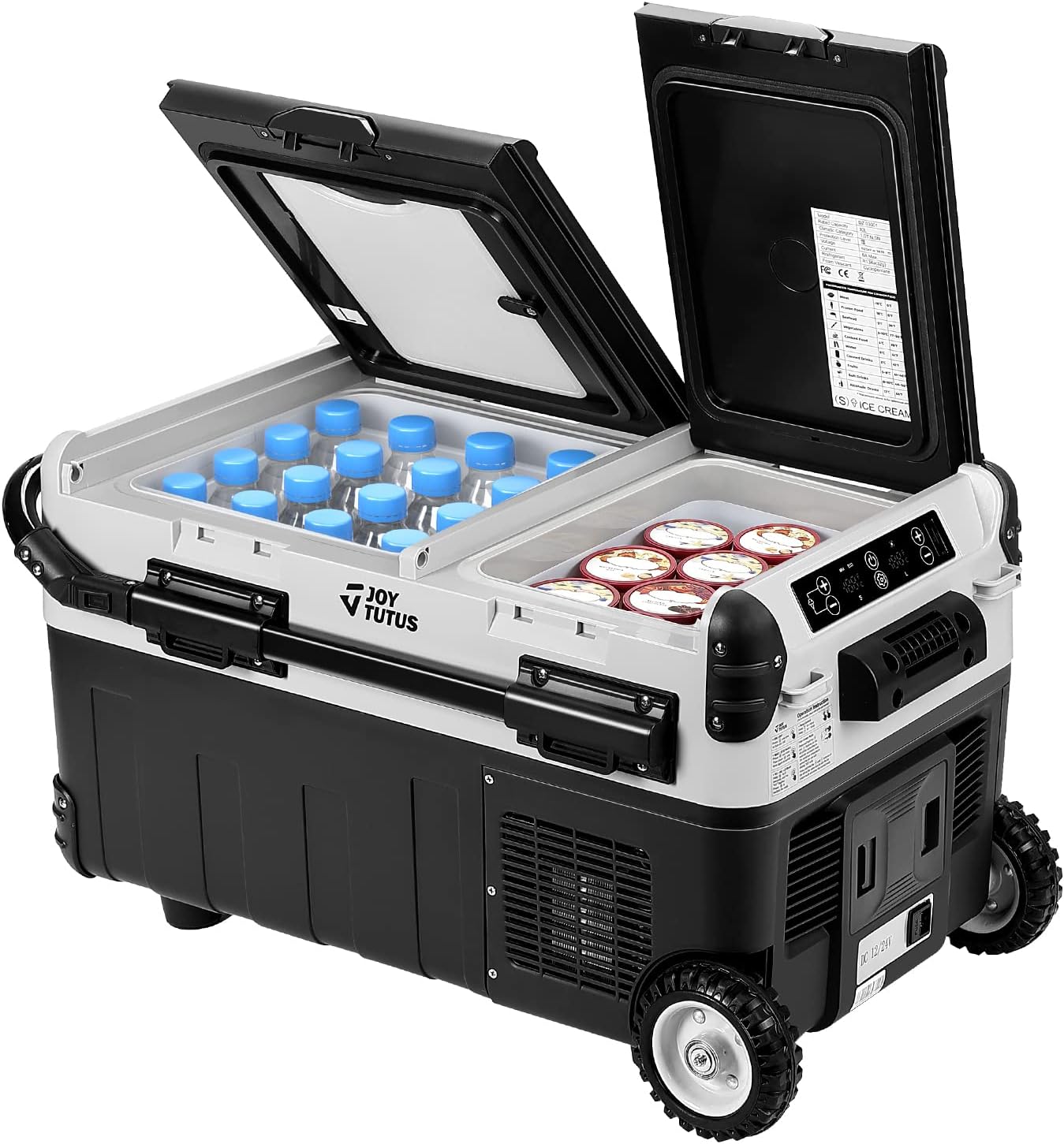JOYTUTUS Refrigerador de 12 voltios, refrigerador portátil de coche de 30 cuartos (28L) con modo helado, nevera eléctrica de doble zona y sistema