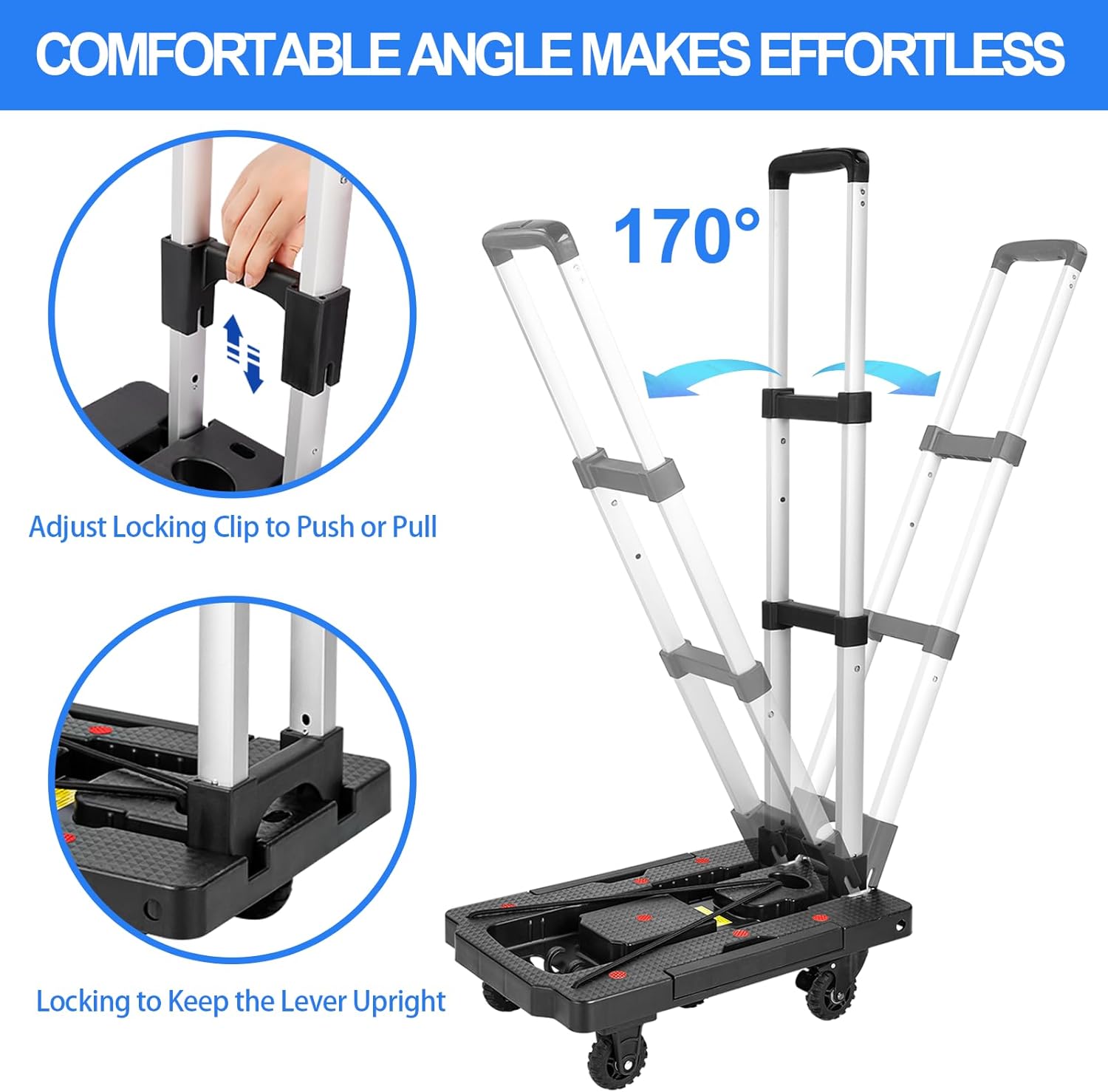 Camión de mano plegable, 330 libras, carrito de mano plegable, carrito de mano resistente, carrito de equipaje de plataforma portátil con 5 ruedas y