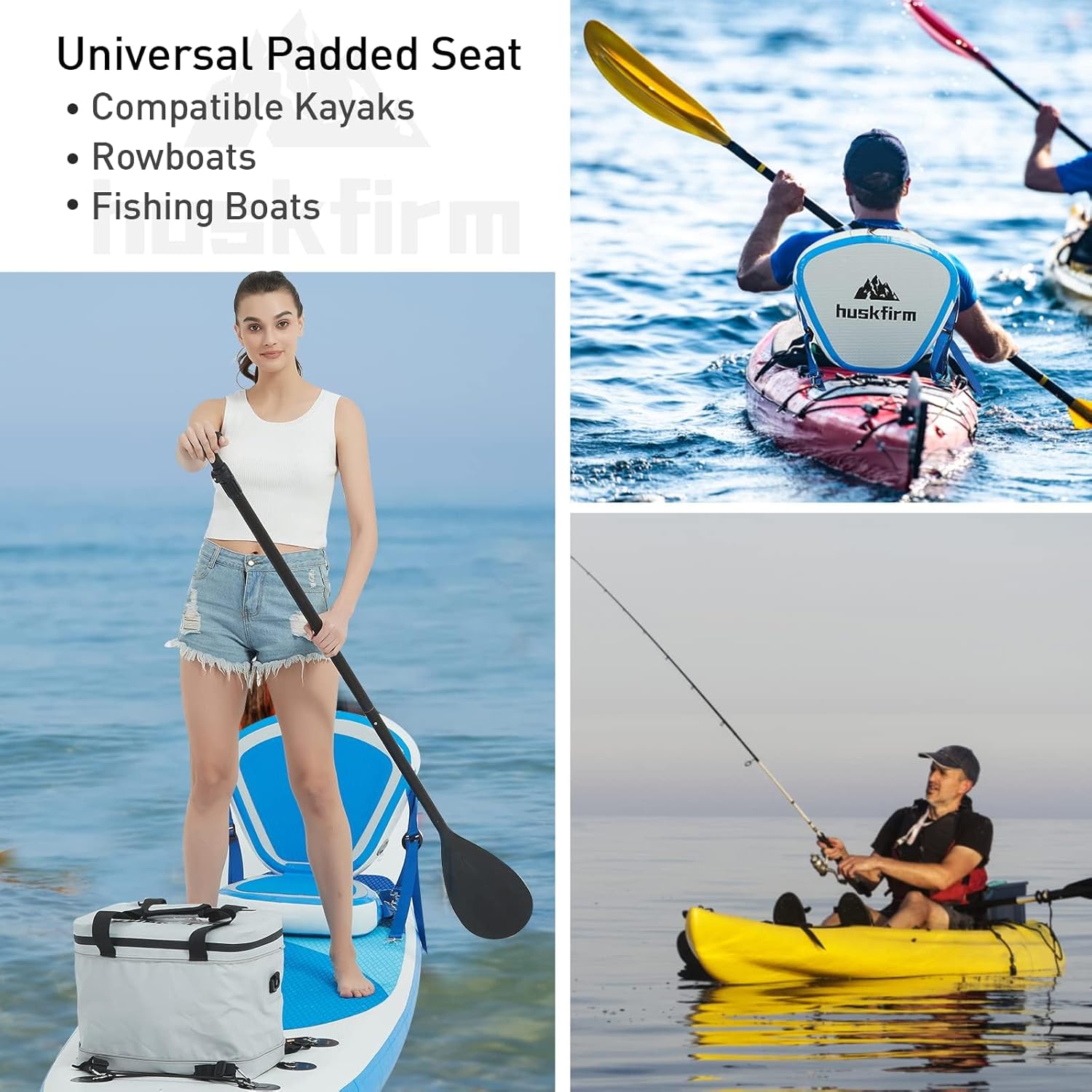 Huskfirm Asiento de kayak, asiento acolchado universal, cómodo, inflable desmontable, asiento de SUP ajustable para kayaks, botes de remos, barcos