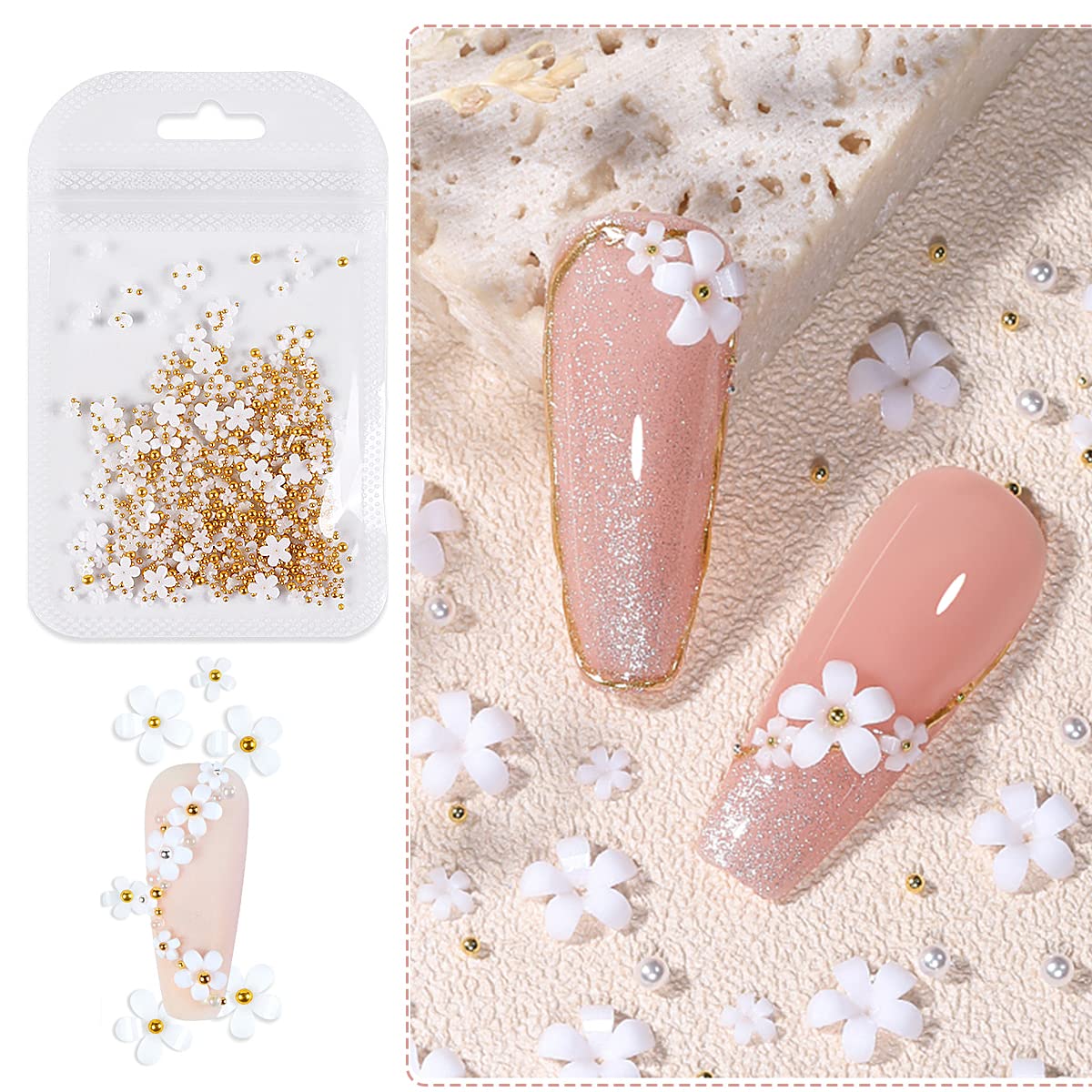 Paquete de 5 diamantes de imitación de flores 3D para decoración de uñas acrílicas, cuentas doradas, diseño de uñas, accesorios de bricolaje para