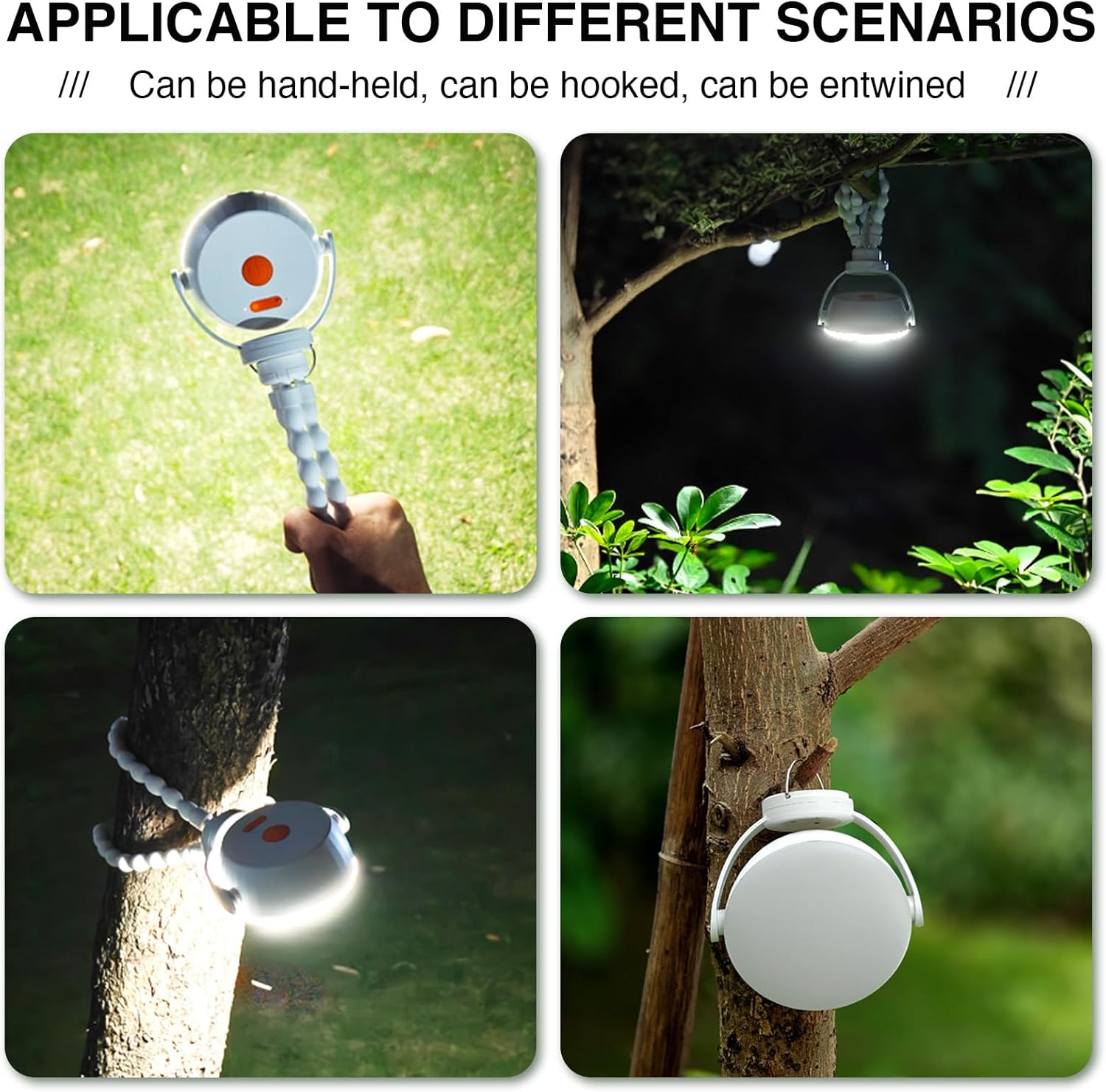 Linterna de camping portátil recargable, trípode flexible con clip en luces de campamento con IP65 impermeable para tienda de campaña, linterna