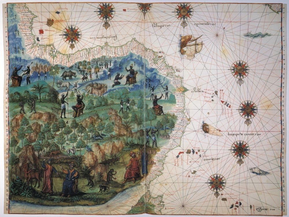 Póster de mapa de África Occidental C1547 Nfrom The Vallard Atlas The Map Drawn Upside-Down As If Viewed From Europe Depicts The Trading Fortress Of