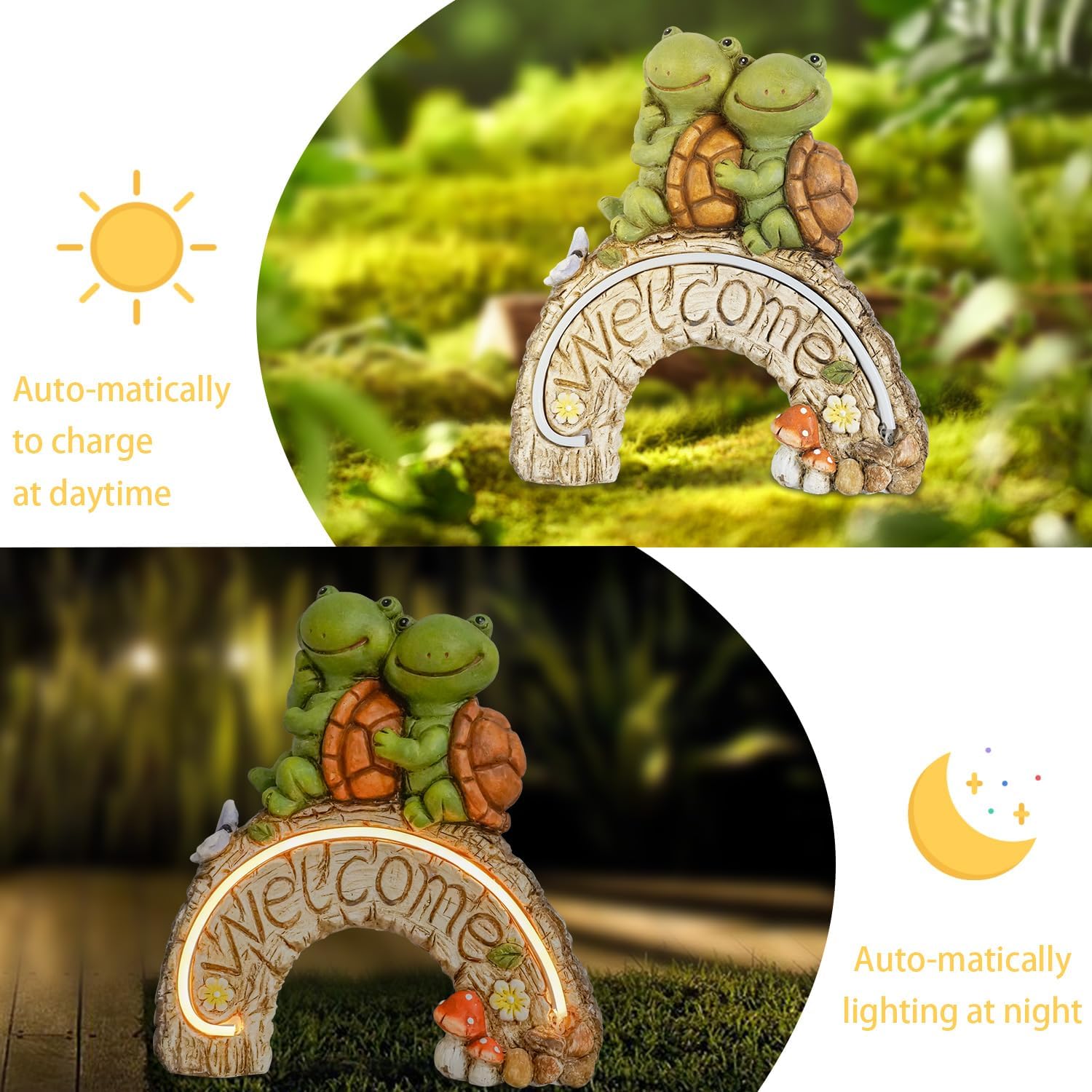 Estatuas de jardín con luz solar, adorable tortuga de 14 pulgadas con luz de bienvenida y tira, decoración de jardín al aire libre para patio,