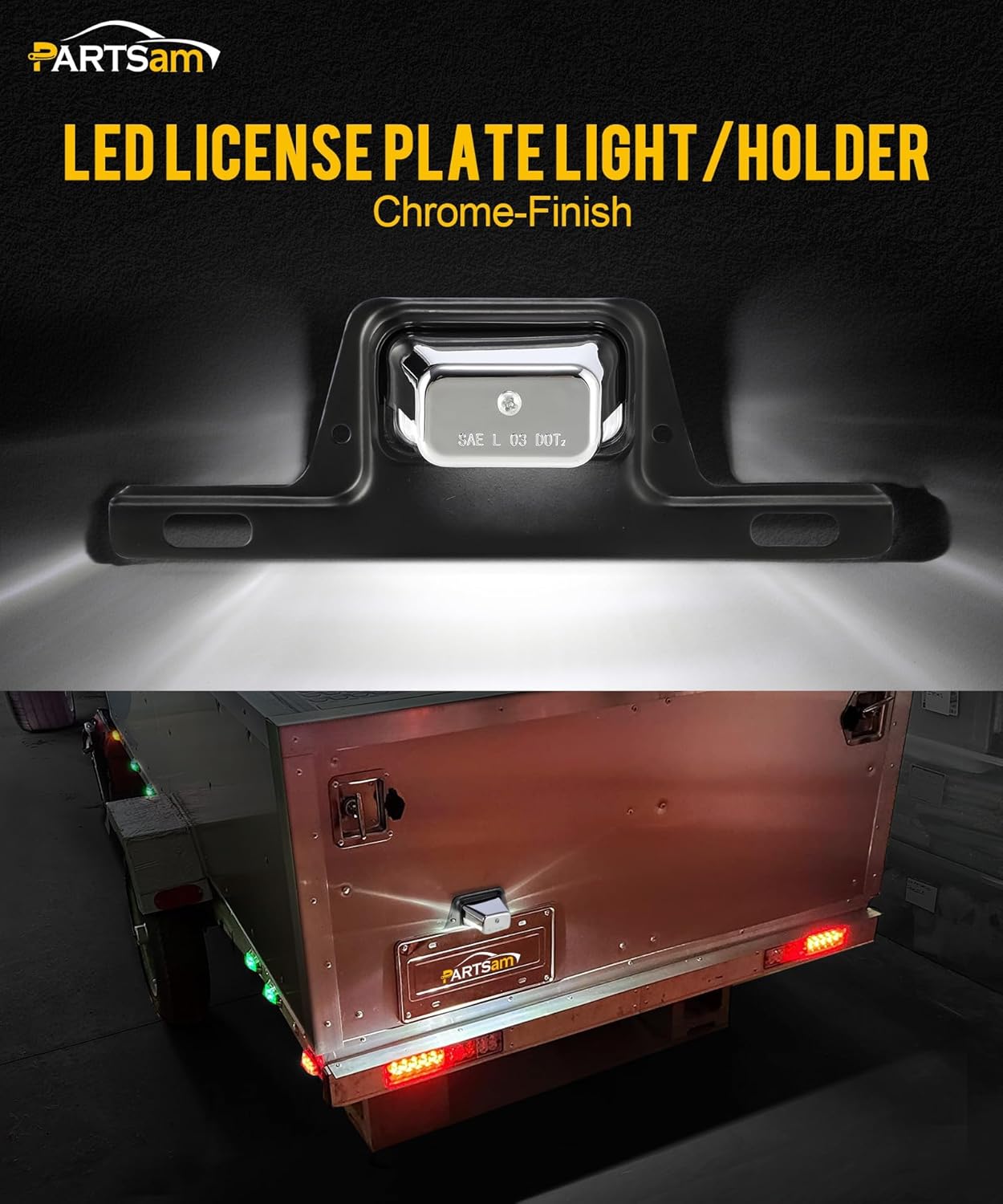 Partsam Luz LED para matrícula, cromada, impermeable, 12 V CC, con soporte, orificio de drenaje, soporte de acero, carcasa de ABS, lente como lente