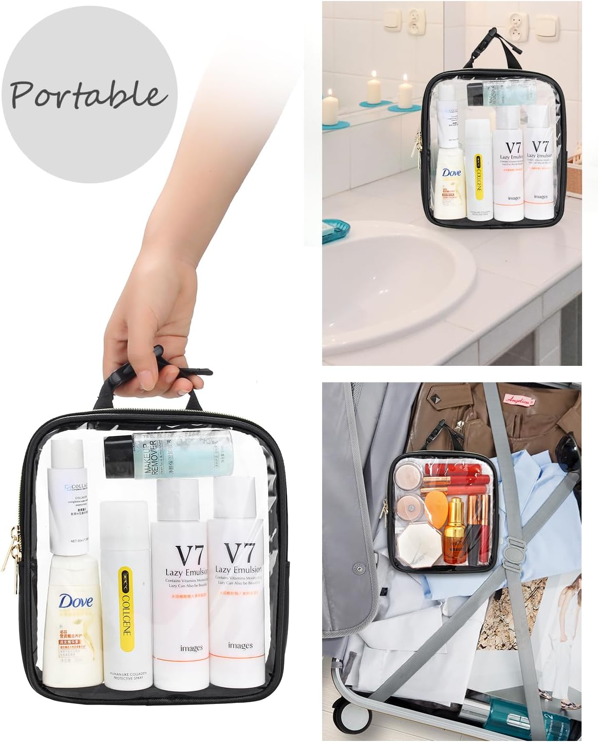 Relavel Bolsa de aseo aprobada por la Tsa, bolsa de maquillaje transparente, bolsa de viaje para artículos de tocador con cremallera, bolsa pequeña