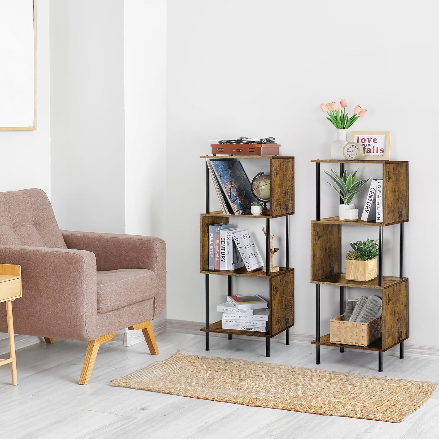 ETELI Estantería pequeña en forma de S de 4 niveles, moderna, independiente, multifuncional, de madera, para granja, sala de estar, dormitorio y