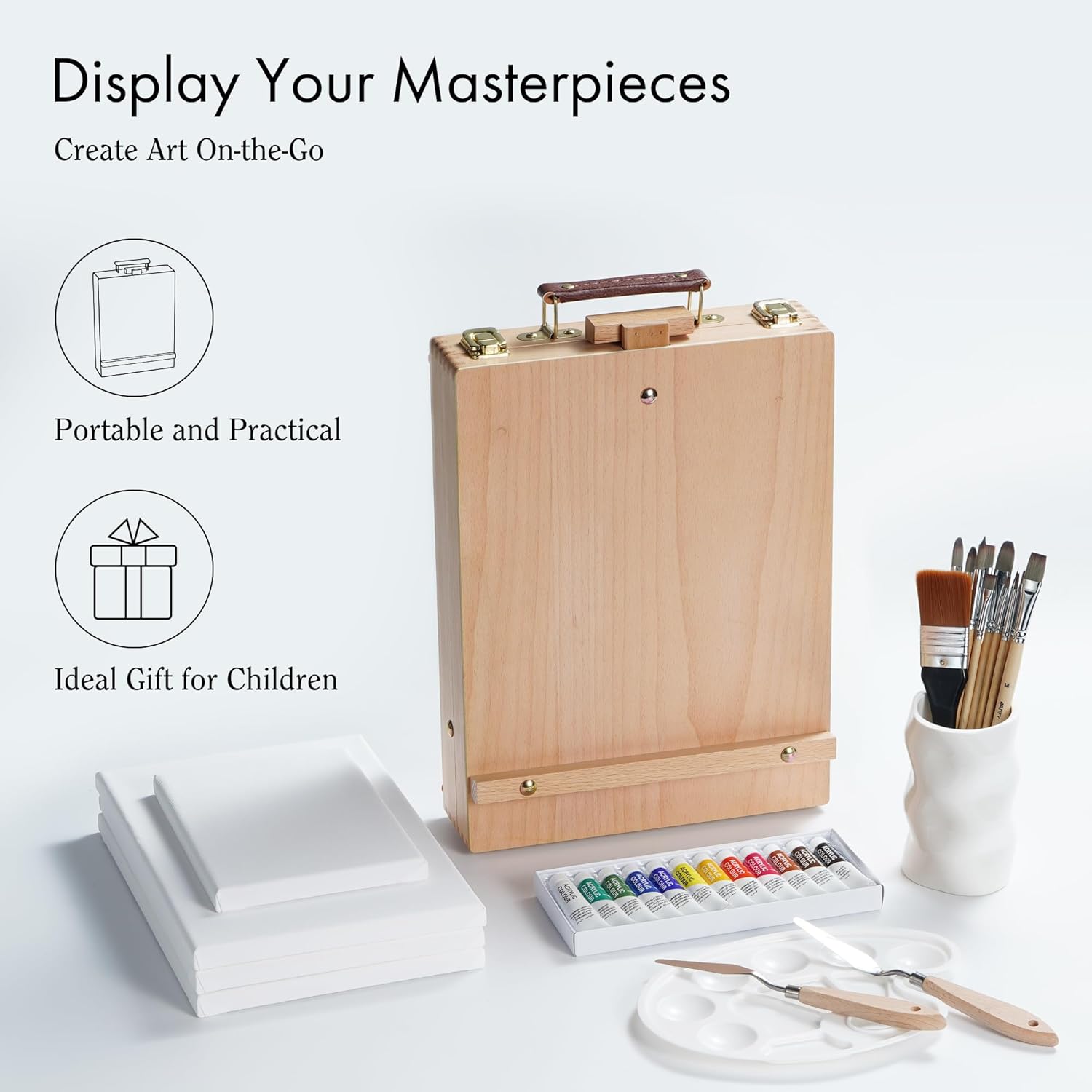 ARTIFY – Juego de caballete de caja de bocetos de mesa, caballete de artista de escritorio con pinturas acrílicas de 12 colores, 13 pinceles, 4