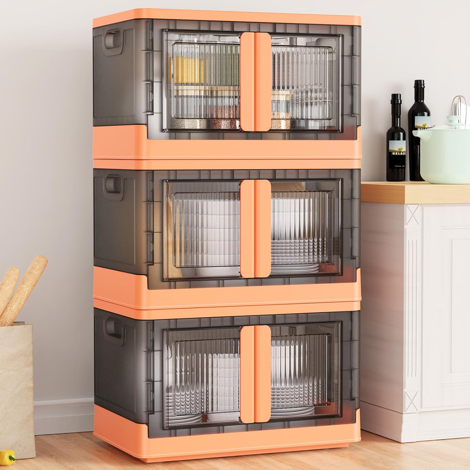V6 – Contenedores de almacenamiento de plástico con tapas y puertas, contenedores de almacenamiento plegables apilables de 19 galones, frente