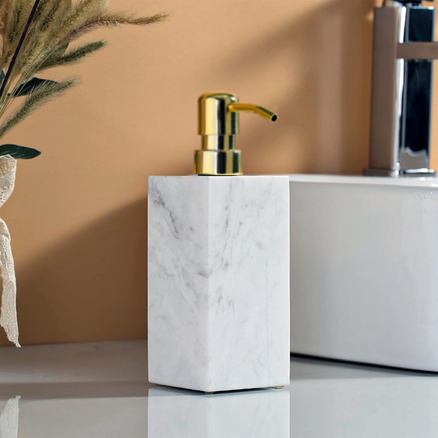 LAGOM HOUSE Dispensador de jabón de mármol, dispensador de jabón líquido de manos de mármol italiano blanco de piedra natural italiana, botella