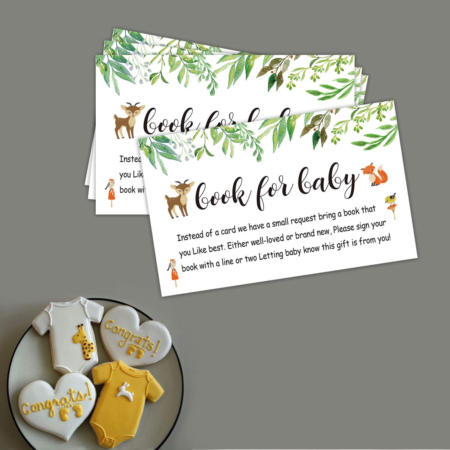 Paquete de 50 libros para tarjetas de solicitud de baby shower, libros florales de bosque para tarjetas de inserción de bebé, insertos de invitación