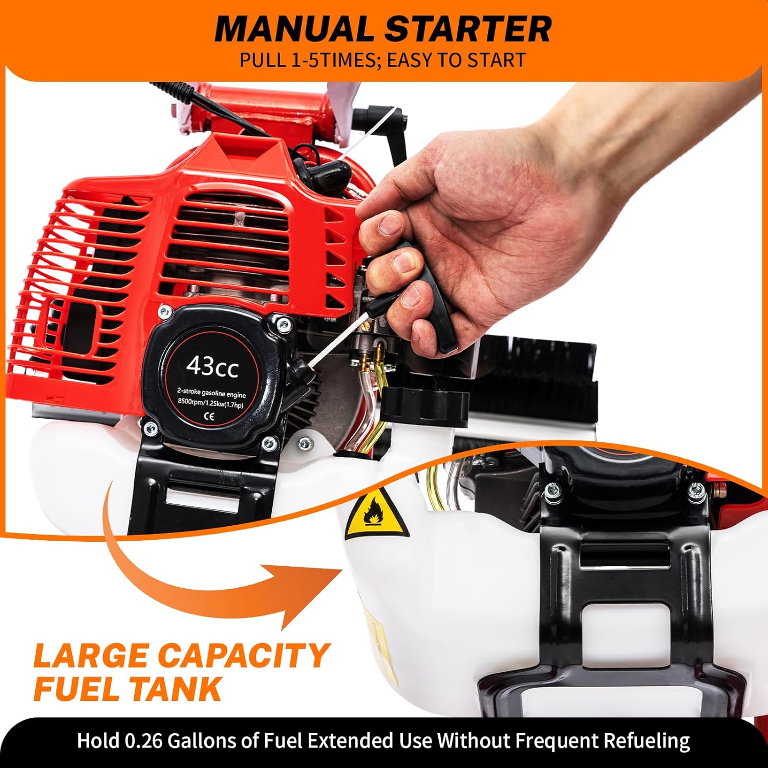 Barredora de suelo manual de 1.25 KW, 23.6 pulgadas de ancho de barrido, potencia manual de gas, tanque de 1.2 L, velocidad infinitamente ajustable,