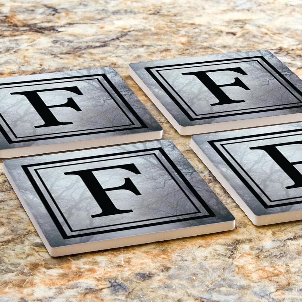 F – Letras de árbol gótico, decoración del hogar Joyride, 4 posavasos de cerámica, posavasos cuadrados de 4 pulgadas, juego de 4, parte trasera de