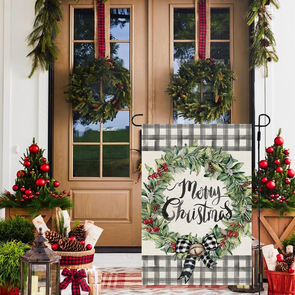 CROWNED BEAUTY Bandera de jardín de Feliz Navidad de 12 x 18 pulgadas, arpillera de doble cara para decoración de muérdago exterior CF1106-12