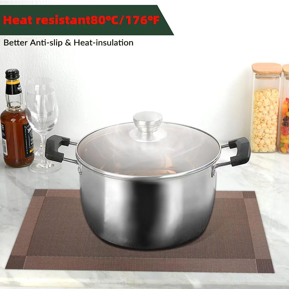 Juego de 6 manteles individuales de tejido de PVC lavables para mesa de cocina, resistentes al calor, antideslizantes, manchas (marrón)
