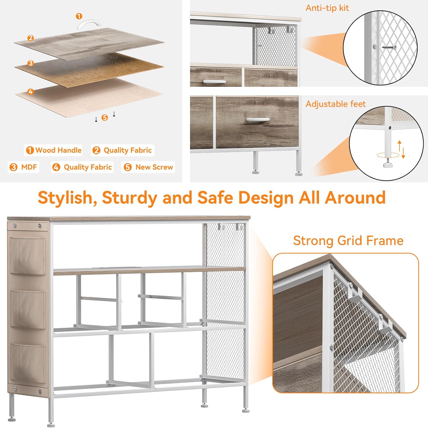 YILQQPER Cómoda para dormitorio, soporte de TV con tomas de corriente y luz LED, cómoda de 6 cajones con bolsillos laterales y ganchos, cómoda ancha