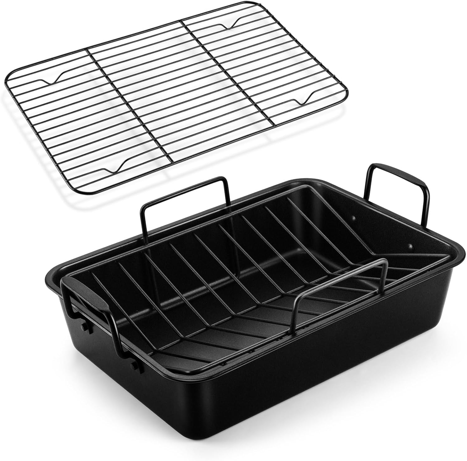 TeamFar Sartén para asar, sartén antiadherente de 15 pulgadas para brownie para lasaña profunda con estante en forma de V y estante de enfriamiento,