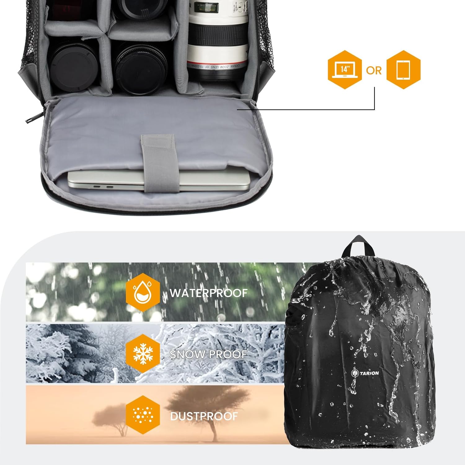 TARION Bolsa para cámara DSLR Mochila para cámara con cubierta impermeable para laptop, compartimento para fotografía, bolsa de fotos para mujeres y