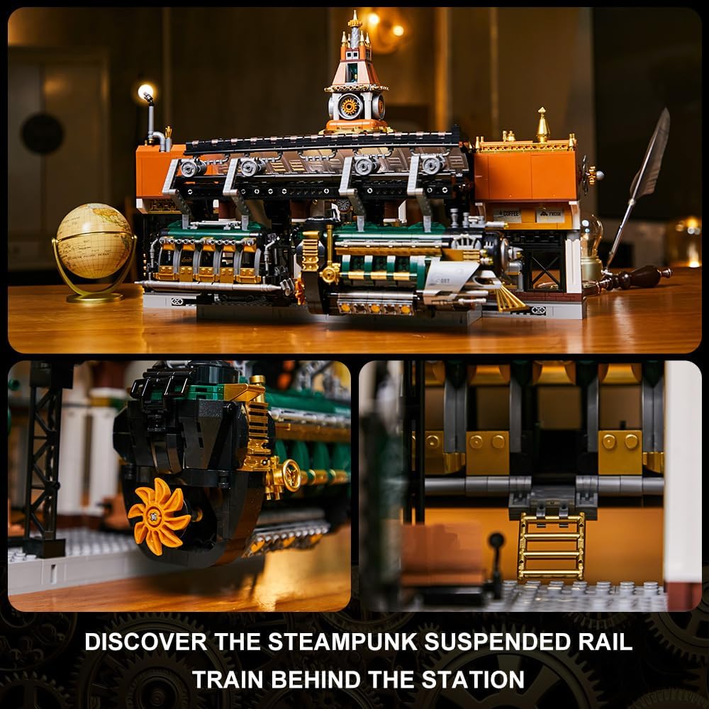 BRICKKK Juego de construcción de arquitectura de la estación de tren, juego de ladrillos de construcción de la estación de tren Steampunk, cuenta