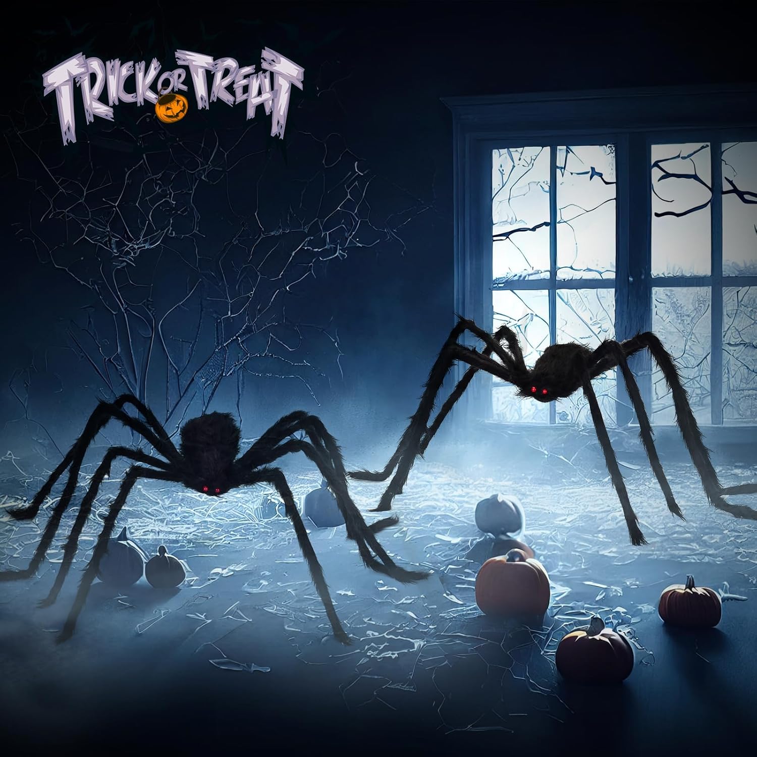Paquete de 2 decoraciones de Halloween para exteriores, araña negra peluda de 5 pies, araña gigante aterradora, araña grande falsa, accesorios de