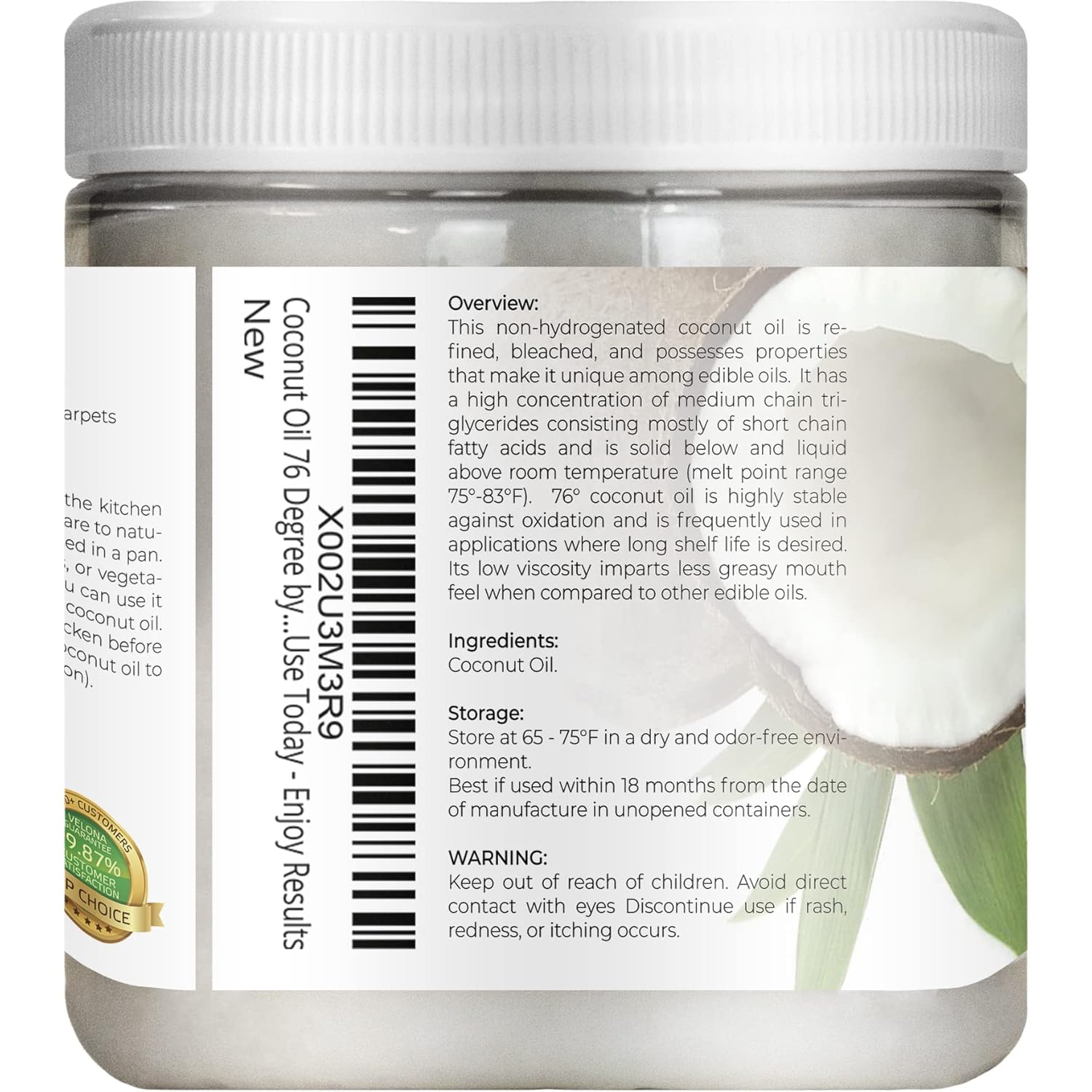 velona Aceite de coco 76 grados 8 onzas  Aceite portador 100% puro y natural  en tarro  refinado, prensado en frío  Cuidado de la piel, cara,