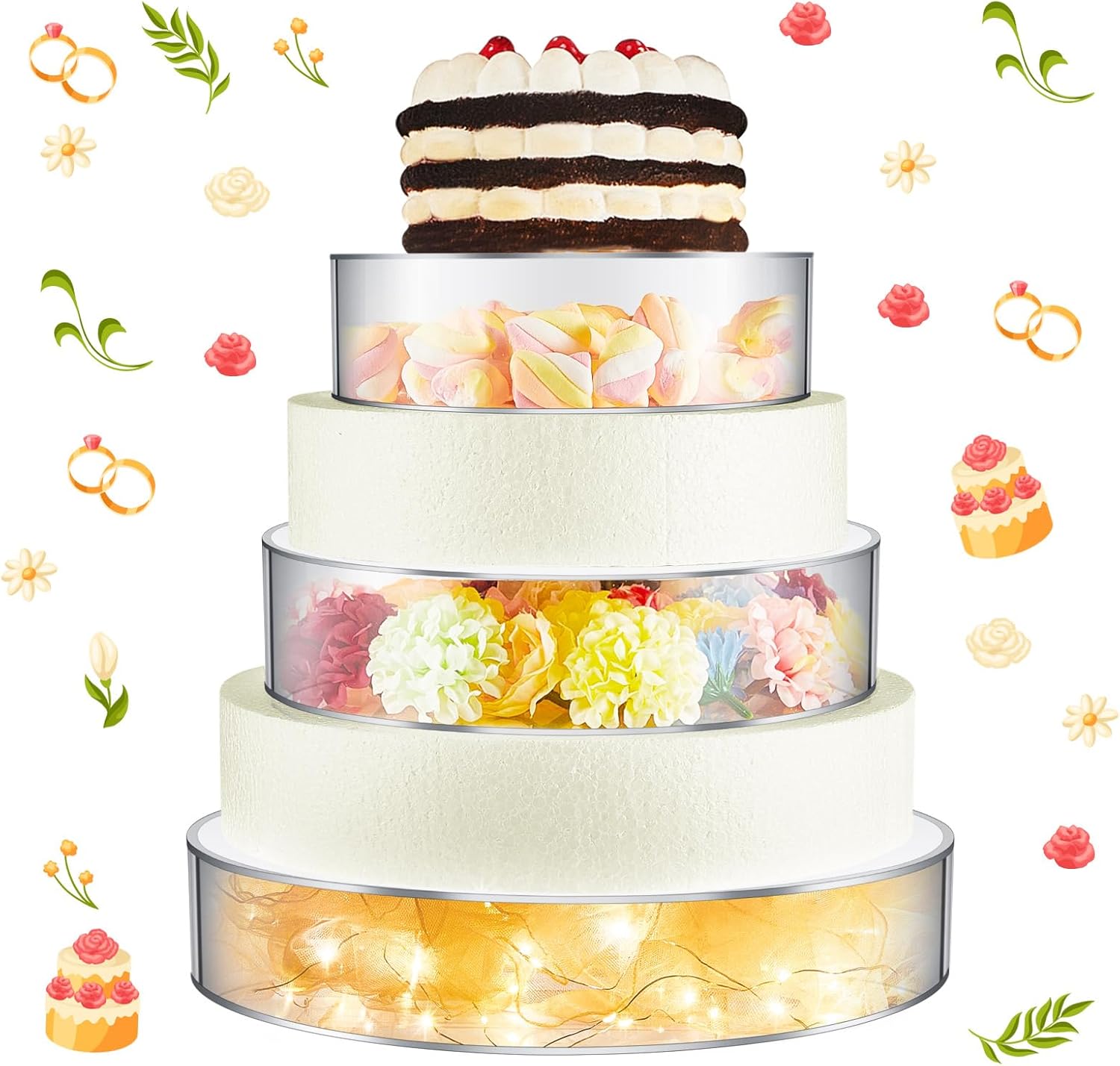 3 piezas de soporte acrílico para pasteles con luces LED, transparente, rellenable, caja cilíndrica redonda de 3 niveles para Navidad, boda,