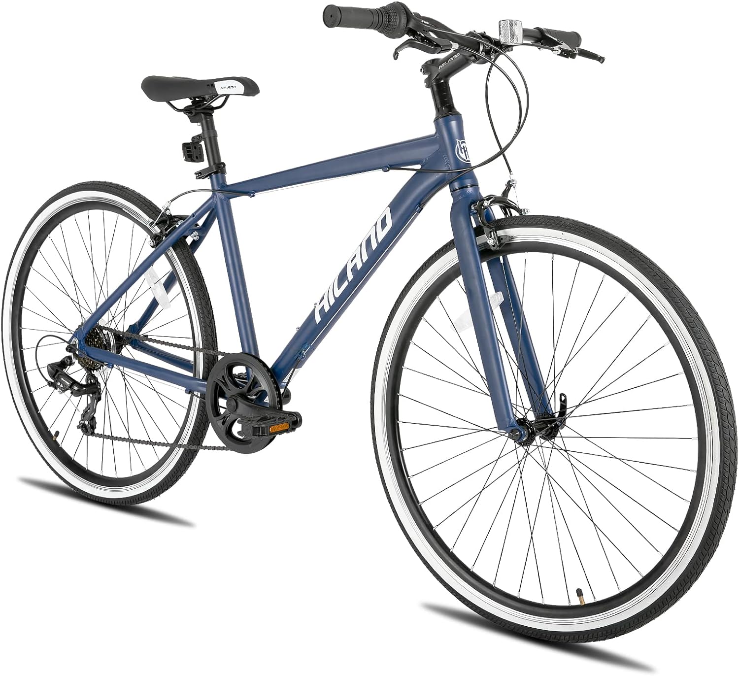Hiland – Bicicleta híbrida para hombre y mujer, marco de paso o paso a través, ruedas 700C, bicicleta urbana Shimano Drivetrain de 7 velocidades