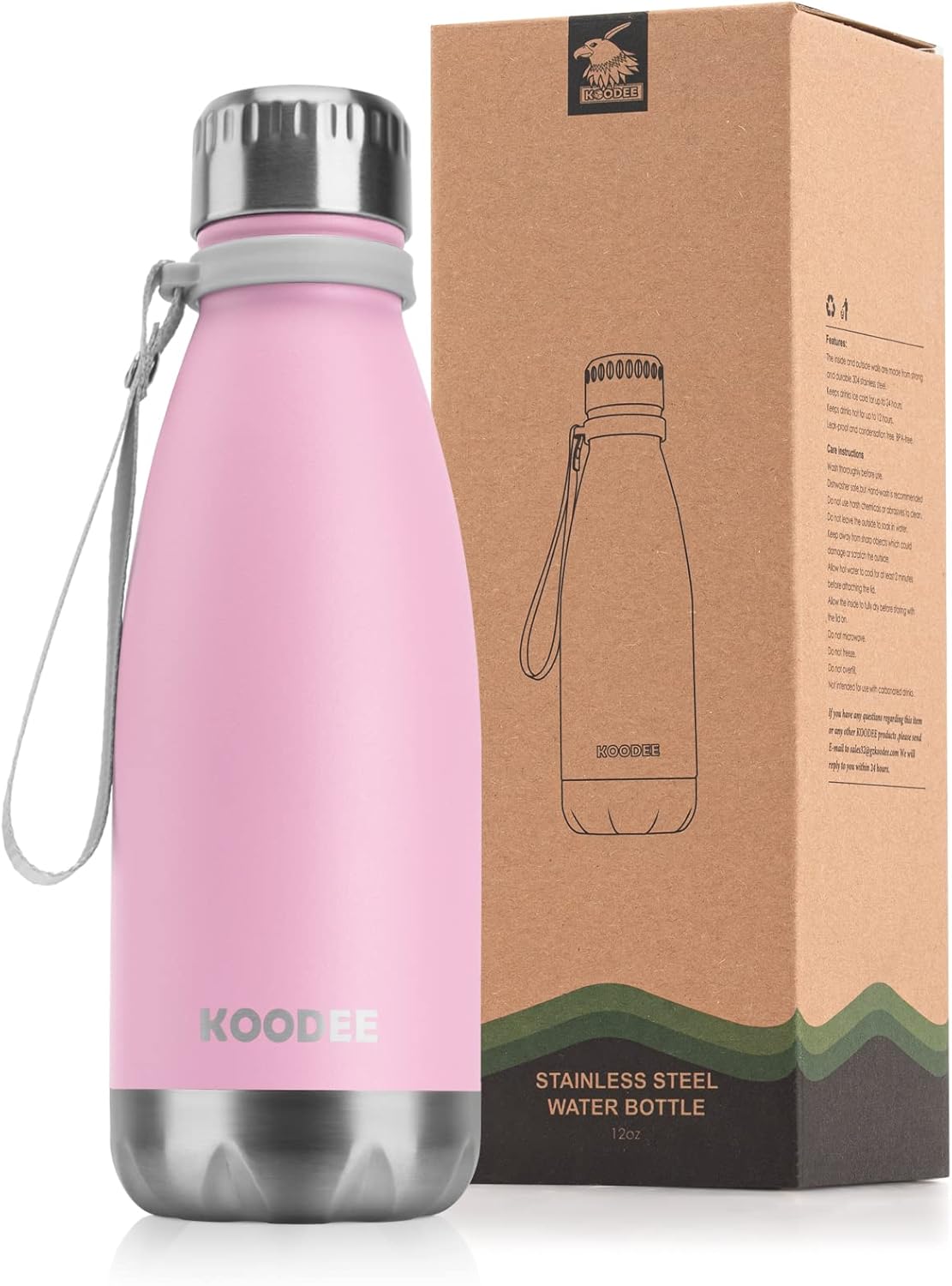 koodee Botella de agua de 12 onzas de acero inoxidable aislada al vacío a prueba de fugas, botella de agua deportiva de metal para la escuela