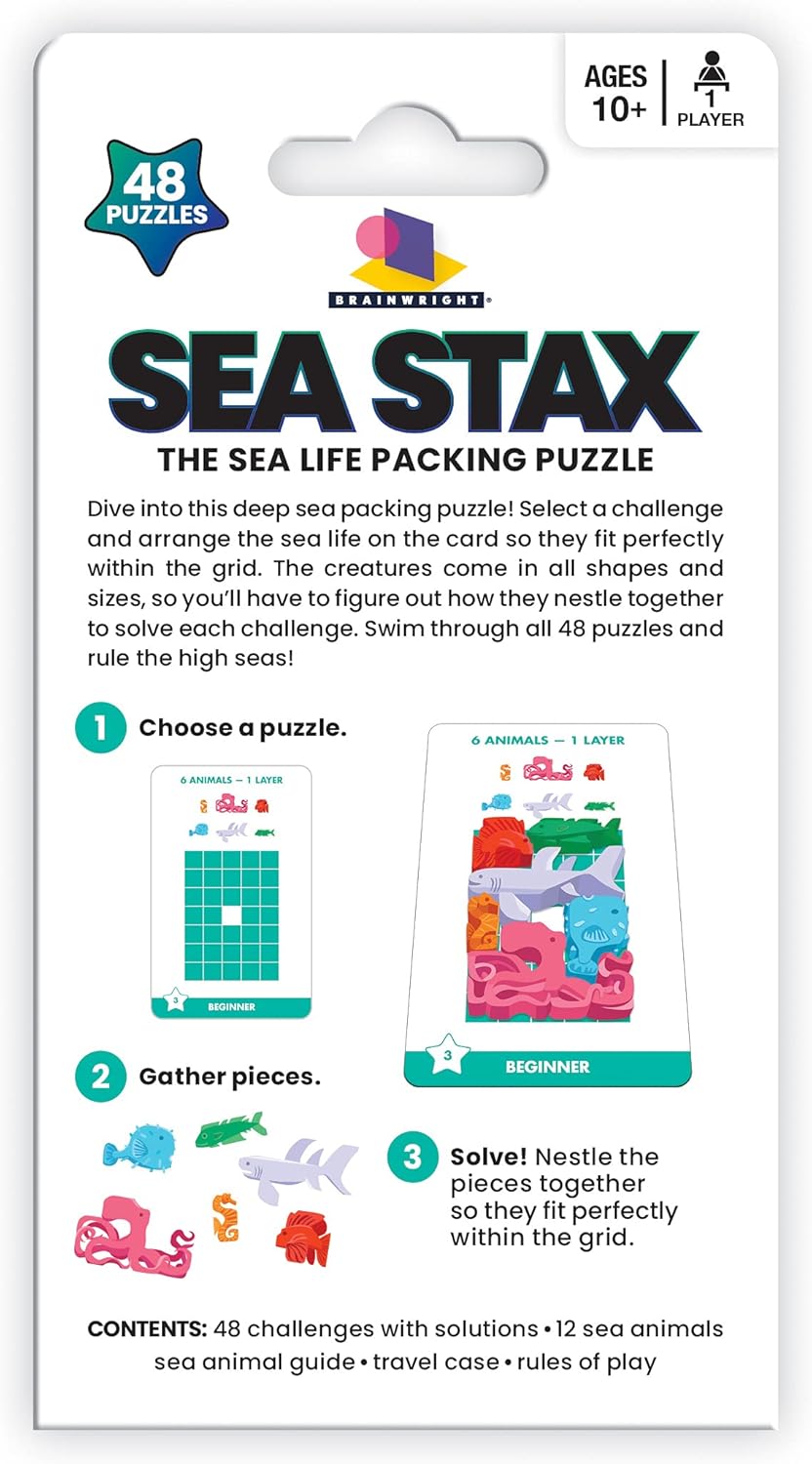 Brainwright – Sea STAX – El juego de embalaje de rompecabezas de patrón en forma de criatura del mar profundo, juguete de rompecabezas multicolor,