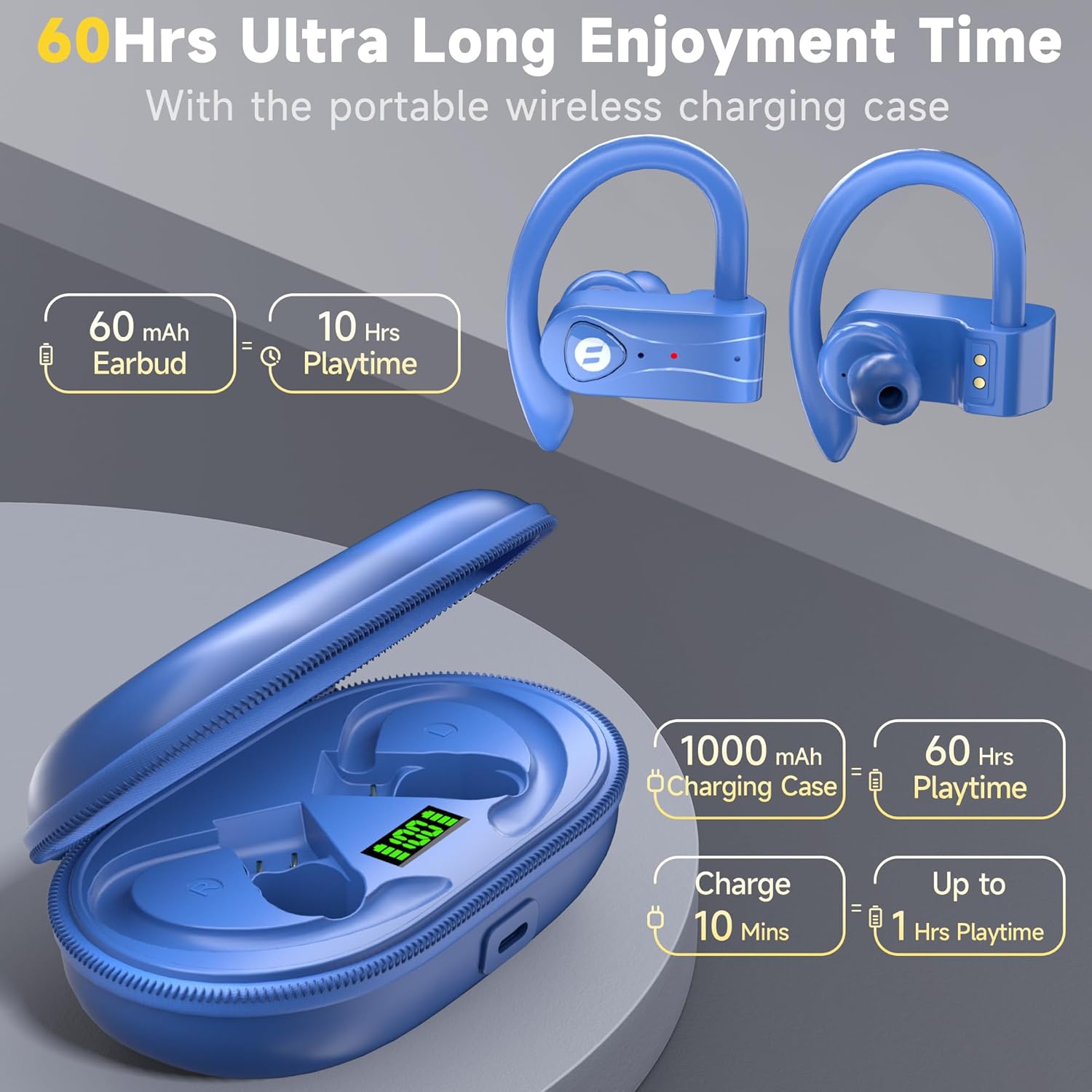 Bluetooth Headphones Noise Canceling 4 Mics Clear Call Stereo Bass Sound 60H Playtime Wireless Charging Case Over Ear Earphones LED Digital Display