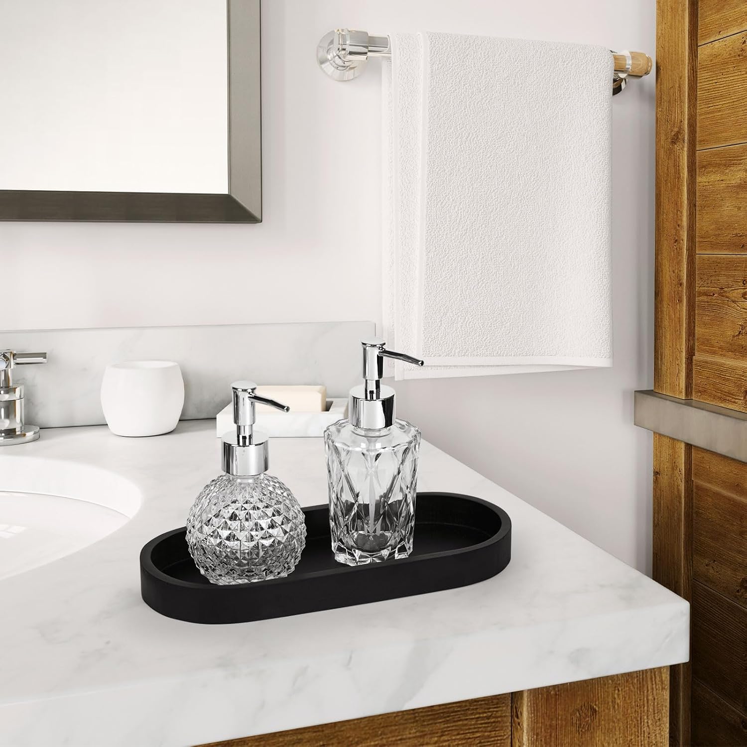 Bandeja ovalada de tocador de baño, pequeño organizador decorativo de bambú para encimera de cocina, tanque de inodoro y tocador, bandeja de velas y