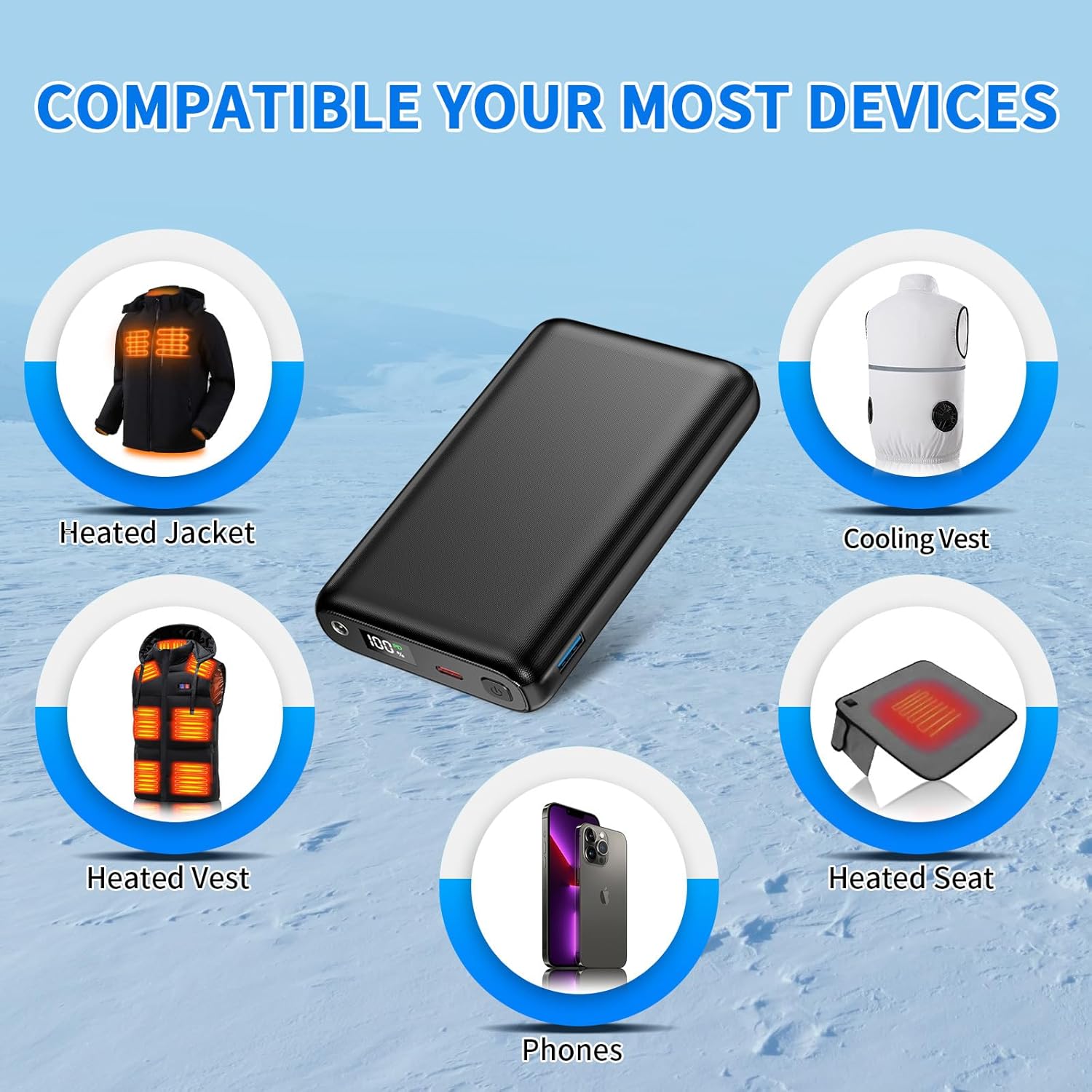 Paquete de baterías, 5V7.4V 30000mAh chaleco calentado, cargador portátil para iPhone y Android