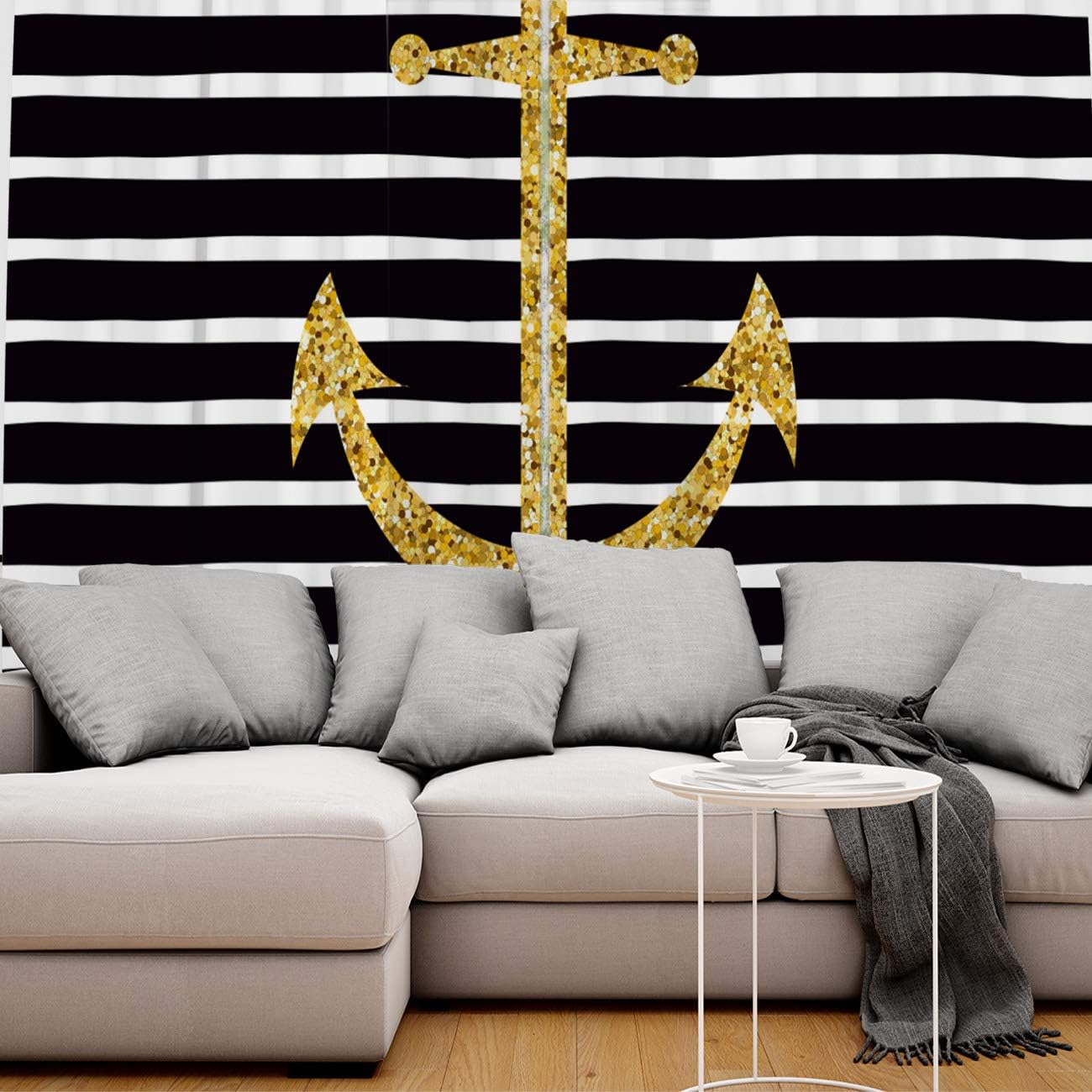 Blackout Curtains Thermal Insulated Gold Anchor on The Black Stripes Solid Pattern Metal Grommet Elegant Room Drapes Window Curtain for Bedroom