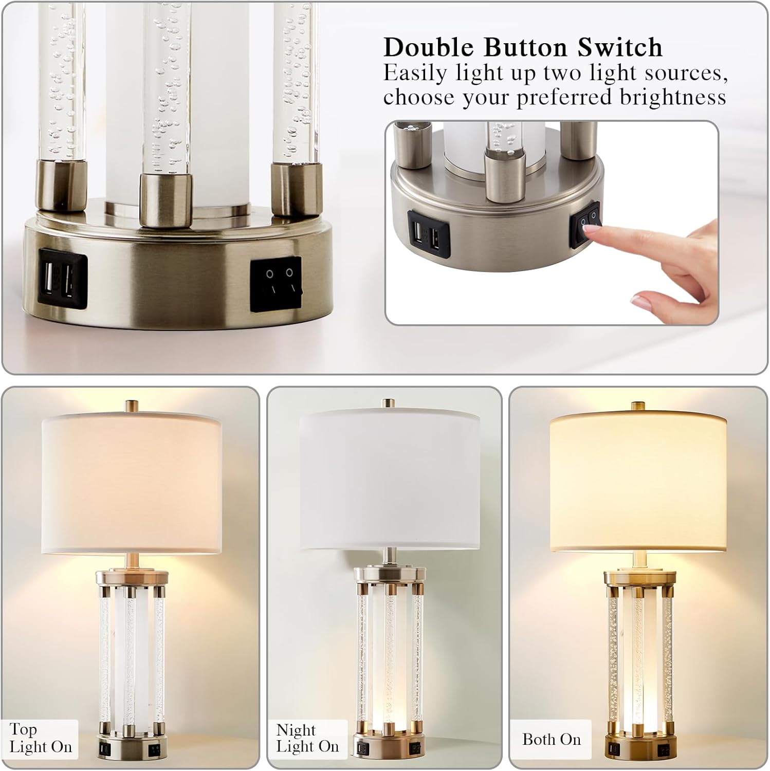 RORIA Juego de 2 lámparas de mesa modernas para sala de estar, dormitorio, lámpara de mesita de noche con 2 puertos USB, lámpara de noche de cristal