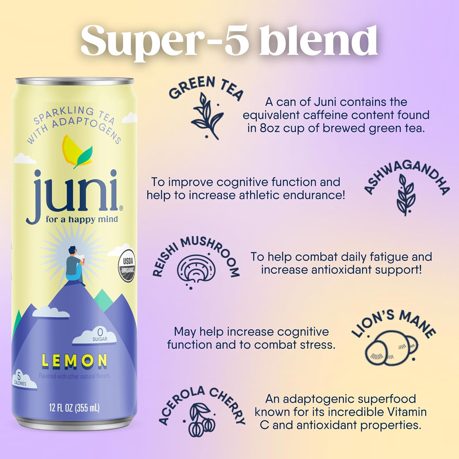 Juni Té espumoso  Cero azúcar, 5 calorías, 33 mg de cafeína natural del té verde  Fabricado con 5 supermezcla de adaptógenos y nootrópicos (paquete