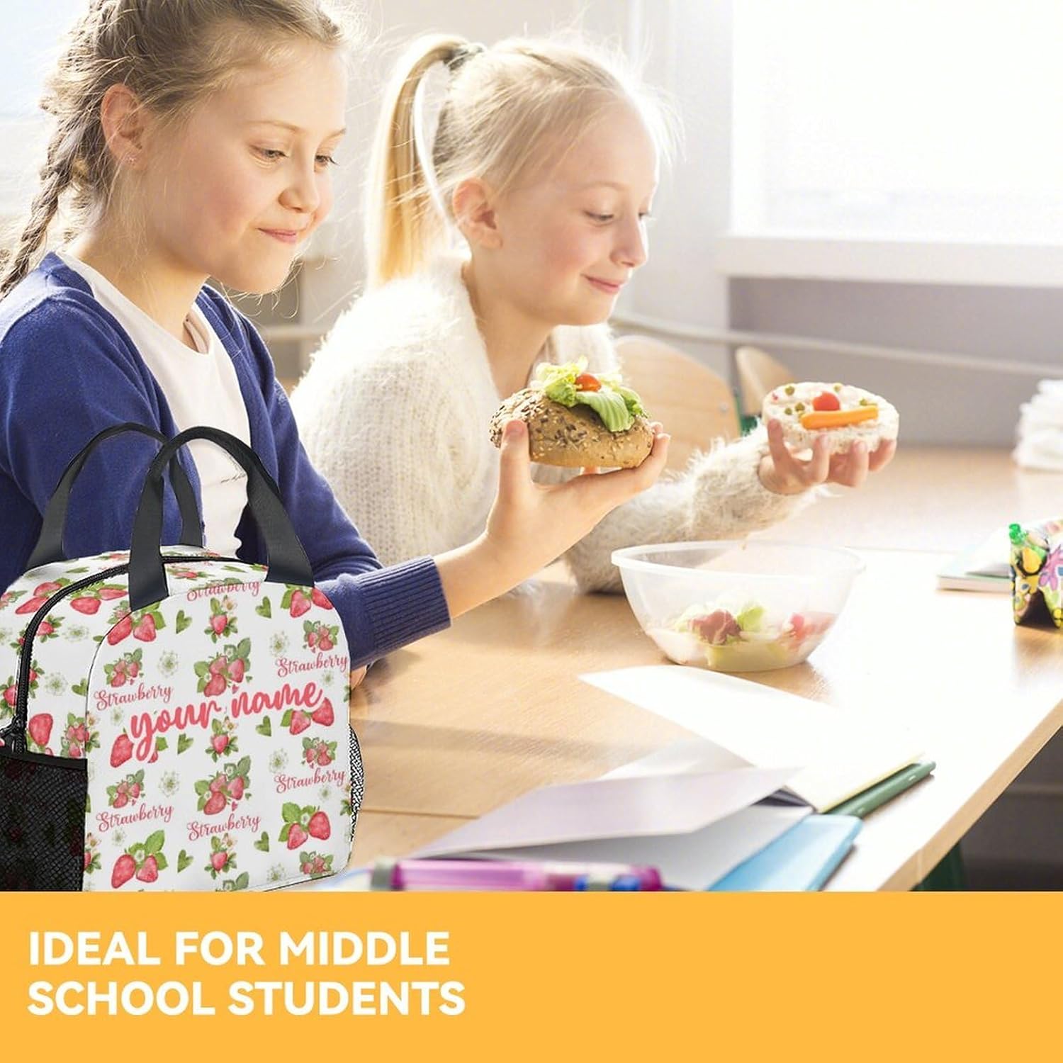 Lonchera personalizada de fresa para niños, pequeñas bolsas de almuerzo aisladas, bonita lonchera reutilizable para niñas, bolsas de almuerzo