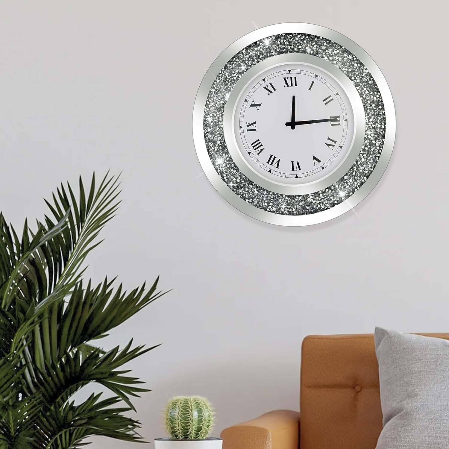 Reloj de pared grande con diamantes brillantes redondos plateados para decoración de pared (20 pulgadas)