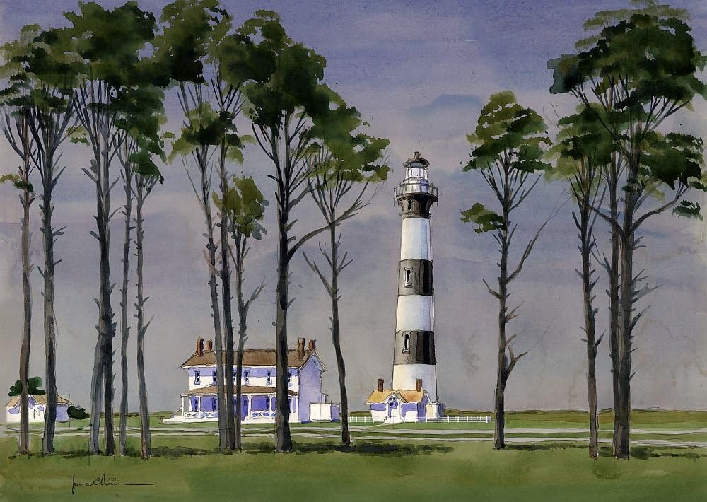 Bodie Island Lighthouse, Nags Head, Outer Banks, Carolina del Norte, por James Mann. Impresiones artísticas en acuarela mate (5 x 7)