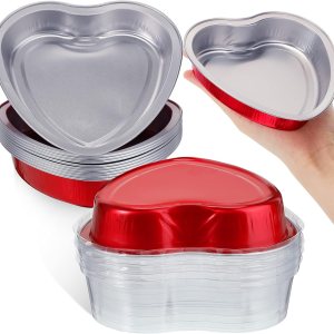 5 moldes de papel de aluminio con forma de corazón para el día de San Valentín con tapas transparentes de 7.6 fl oz7.92 onzas, molde desechable para 5 moldes de papel de aluminio con forma de corazón para el día de San Valentín con tapas transparentes de 7.6 fl oz7.92 onzas, molde desechable para