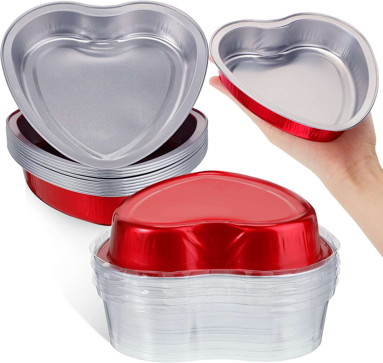5 moldes de papel de aluminio con forma de corazón para el día de San Valentín con tapas transparentes de 7.6 fl oz7.92 onzas, molde desechable para