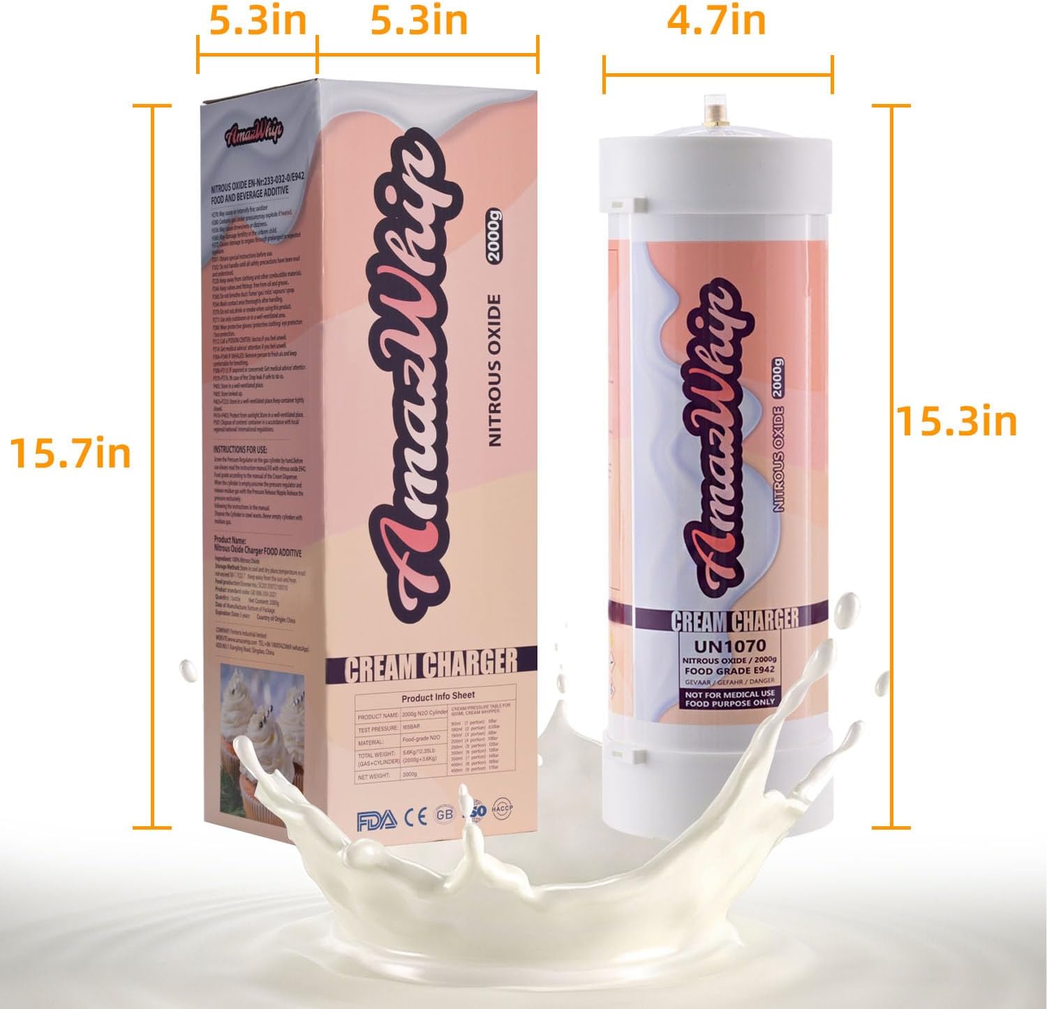 Cargador de crema batida de 3.3 L – Cargadores de crema batida N2O sabor original puro tanque de óxido nitroso de grado alimenticio (2 cilindros)