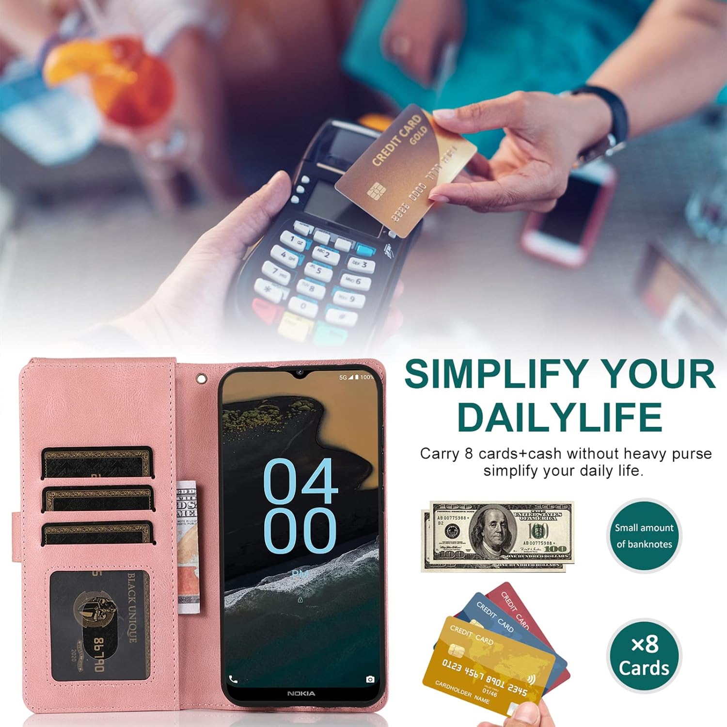 Asuwish Compatible con Nokia G400 5G – Funda tipo cartera de vidrio templado, protector de pantalla y cremallera, de piel retro, soporte para
