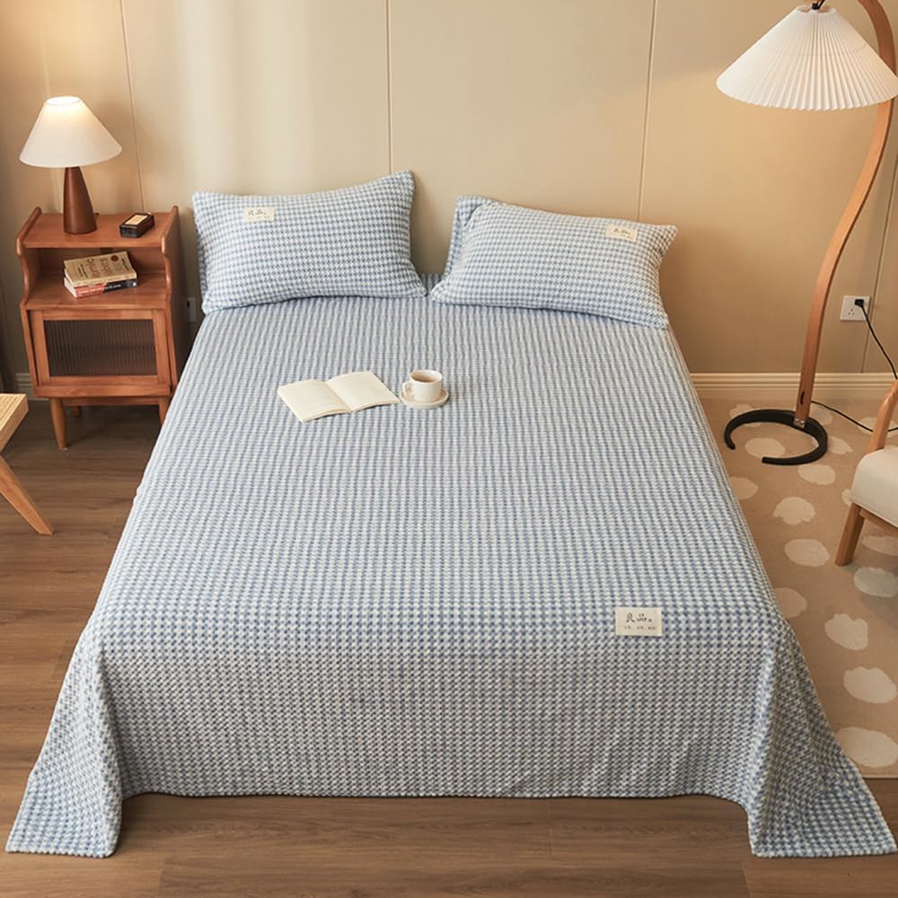 Mengersi Juego de sábanas de felpa de terciopelo, juego de sábanas simples con estampado de vellón a cuadros, acogedoras y cálidas (Queen, azul