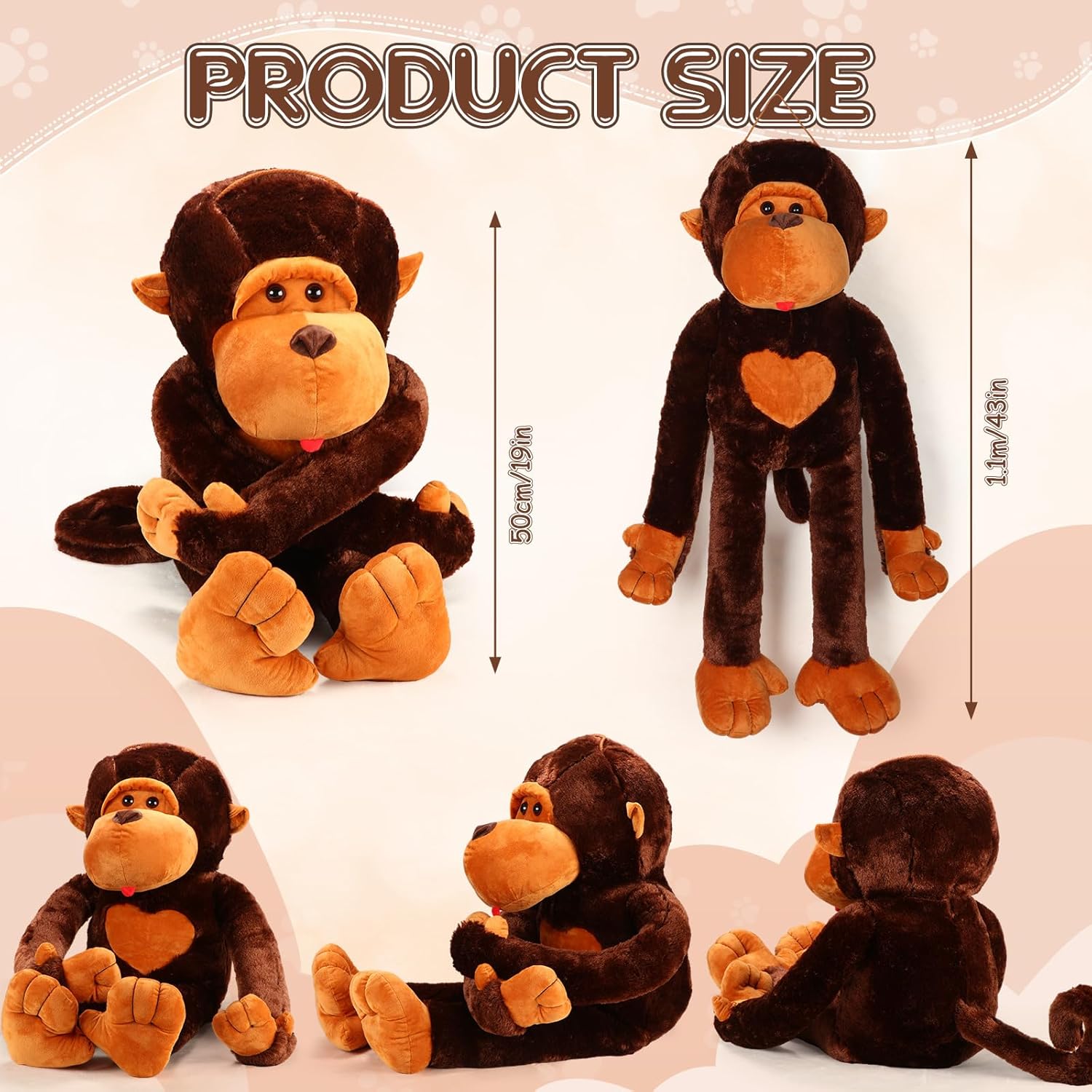 Shappy Mono de peluche grande de 43 pulgadas, gran regalo para niños, niñas y amigos