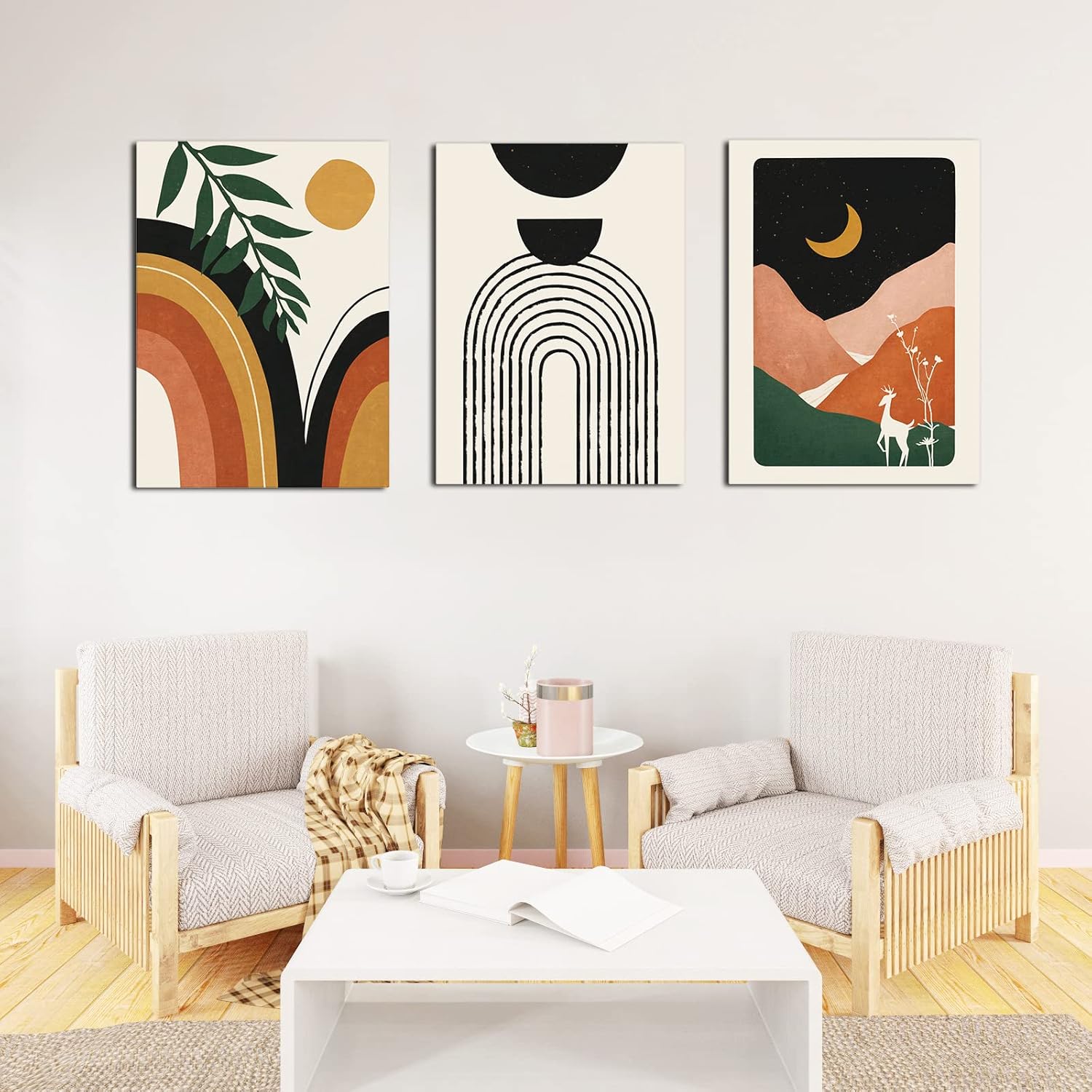 Juego de 3 arte de pared bohemio enmarcado, decoración de pared bohemia, arte de pared moderno de mediados de siglo, impresiones geométricas