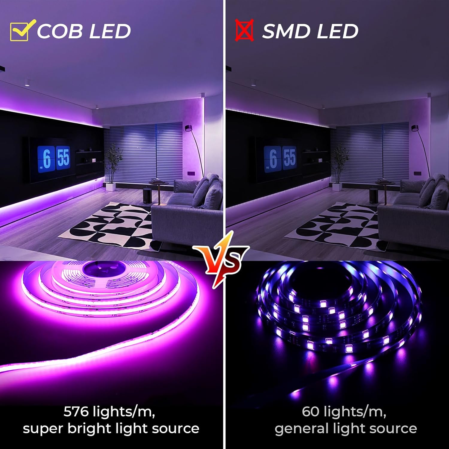 INDARUN Tira de luz LED COB de 24 V, 32.8 pies, 5760 LED de 0.394 in de ancho, tira LED RGB inteligente con sincronización de música, luces que