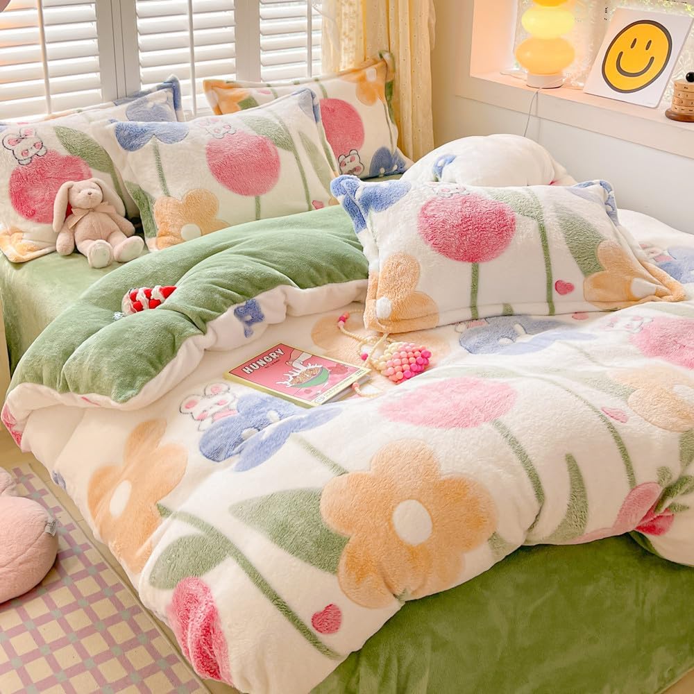 Juego de funda de edredón floral para niños, juego de ropa de cama kawaii, diseño de copos de nieve verde aguacate, funda de edredón esponjosa,