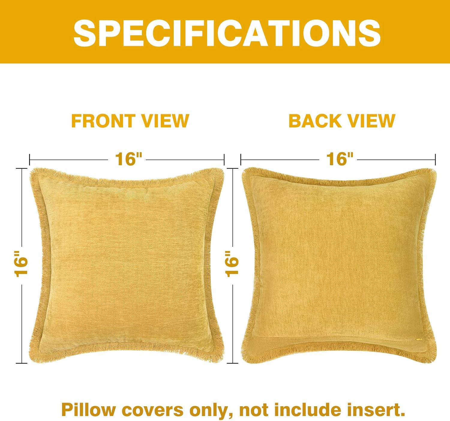 Juego de 2 fundas de almohada amarillas cuadradas de 16 x 16 pulgadas, fundas de almohada rústicas suaves y rústicas de teñido sólido con borlas,